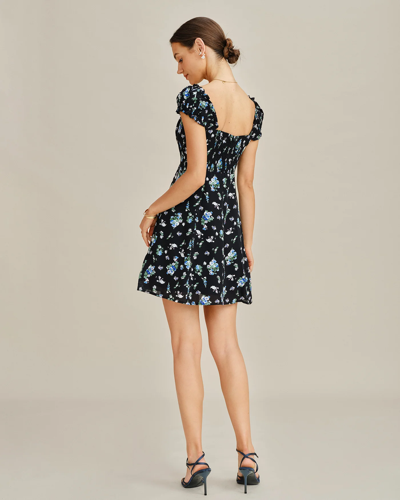 Black V Neck Floral Tunic Mini Dress - Image 5