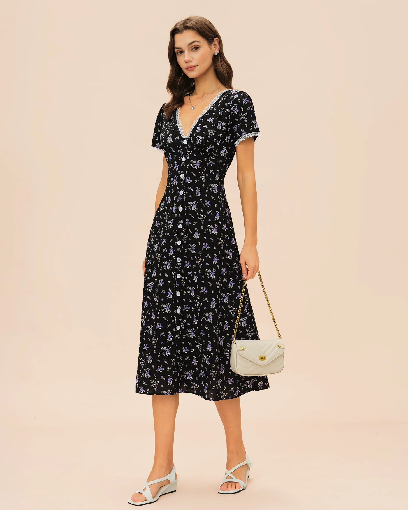 Black V Neck Lace Floral Midi Dress - Image 2