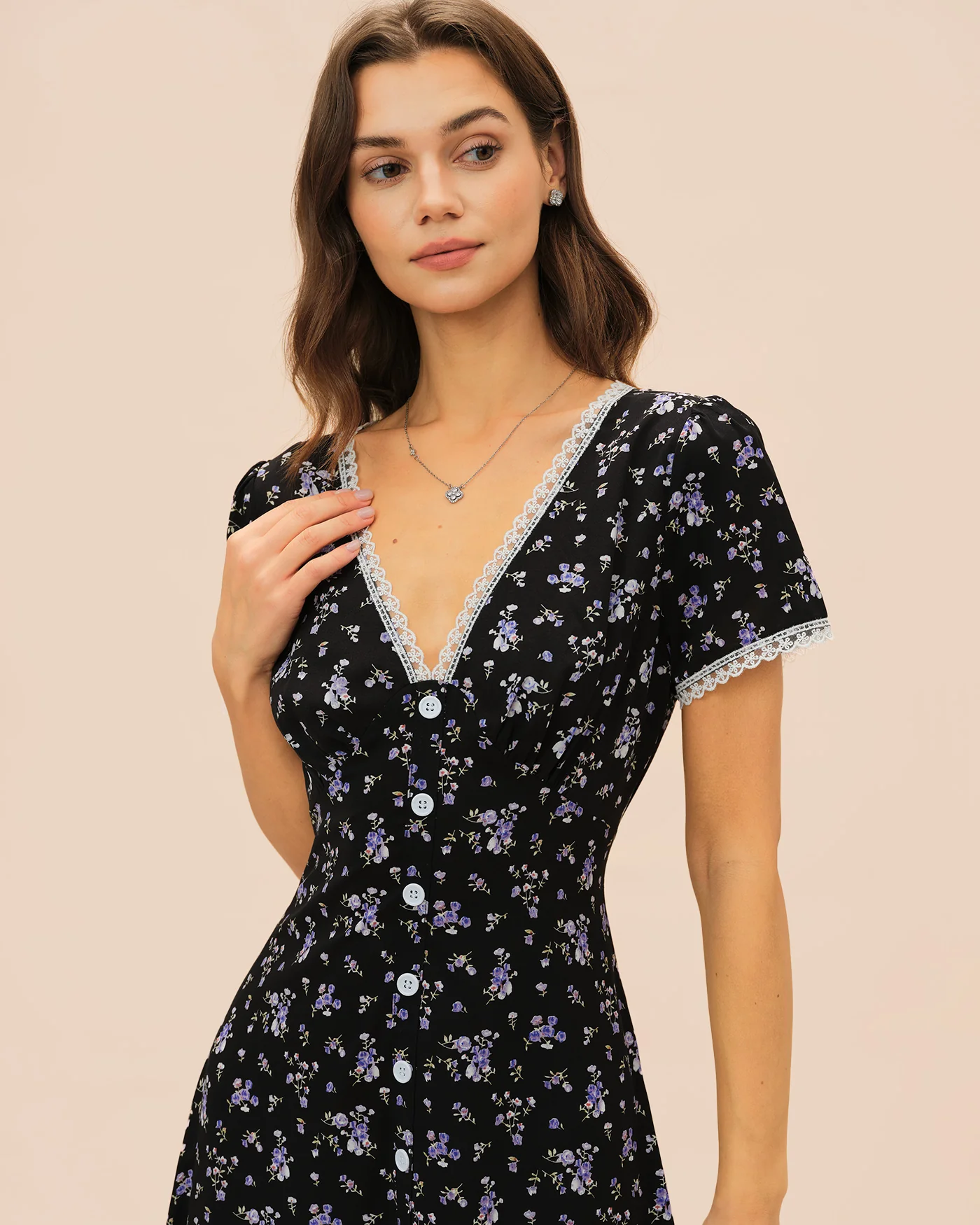 Black V Neck Lace Floral Midi Dress - Image 3