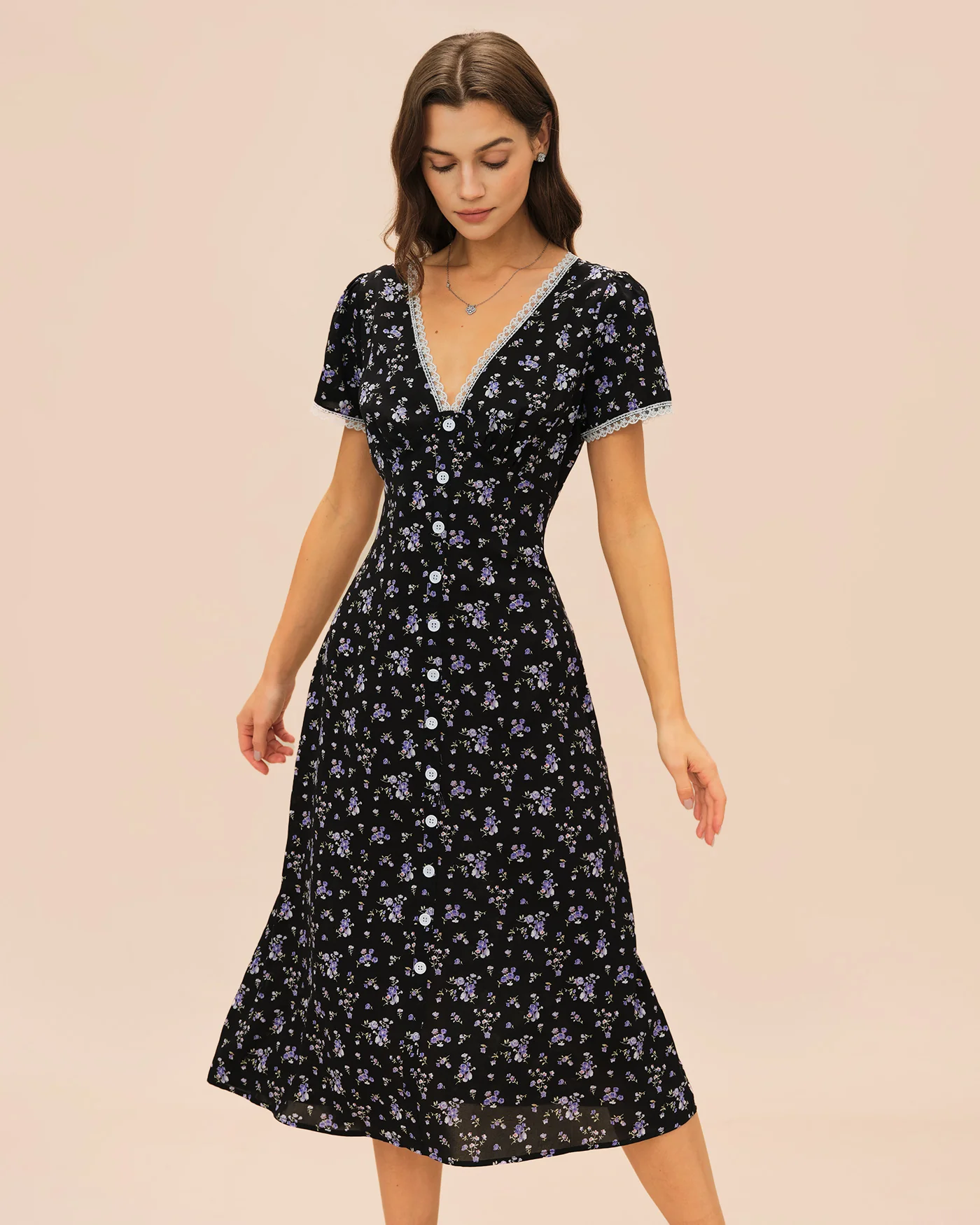 Black V Neck Lace Floral Midi Dress - Image 4