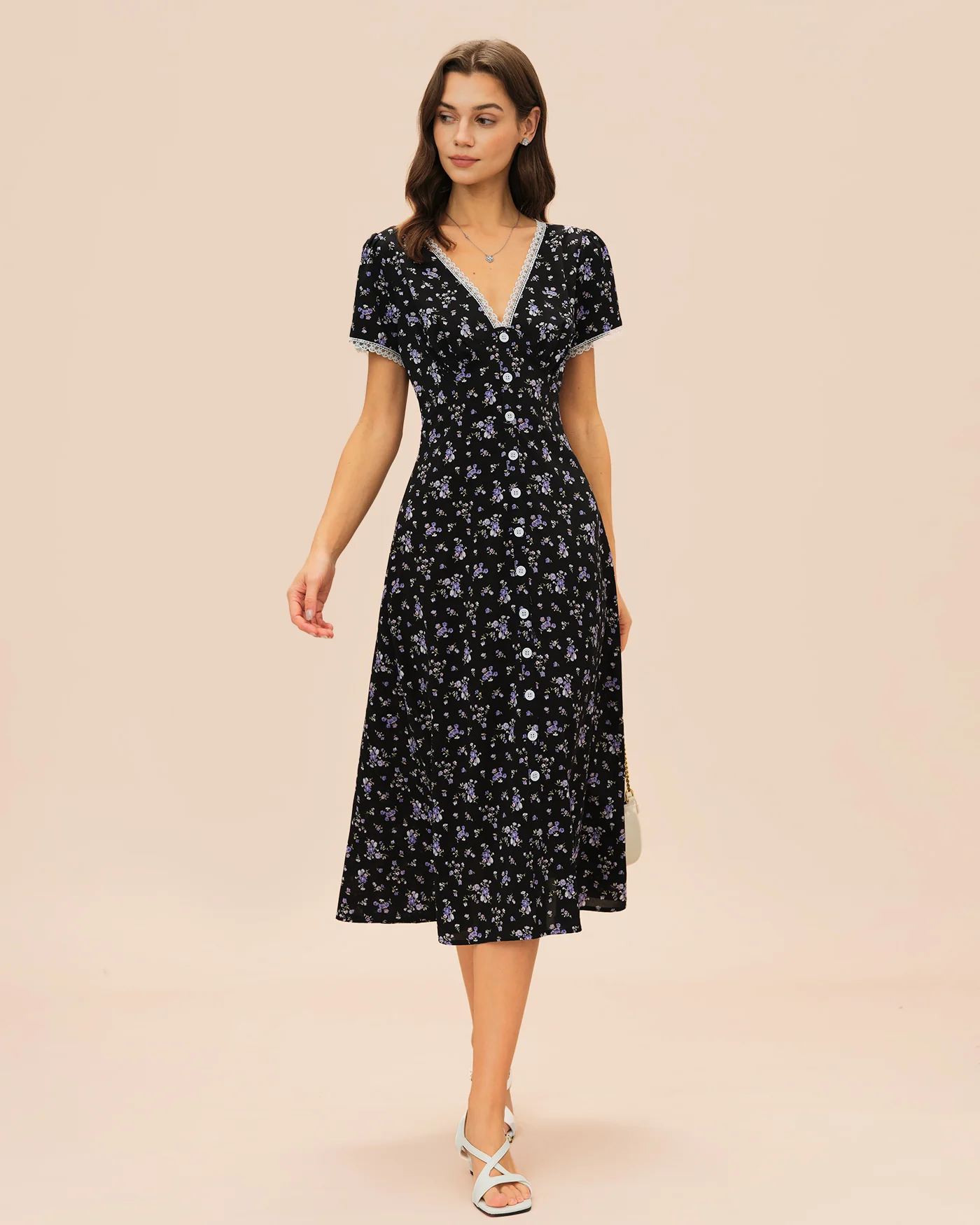 Black V Neck Lace Floral Midi Dress - Image 5