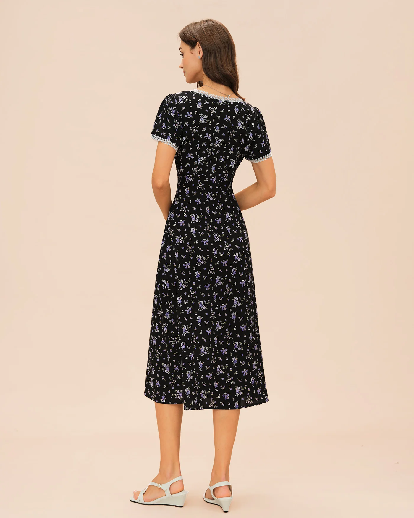 Black V Neck Lace Floral Midi Dress - Image 6