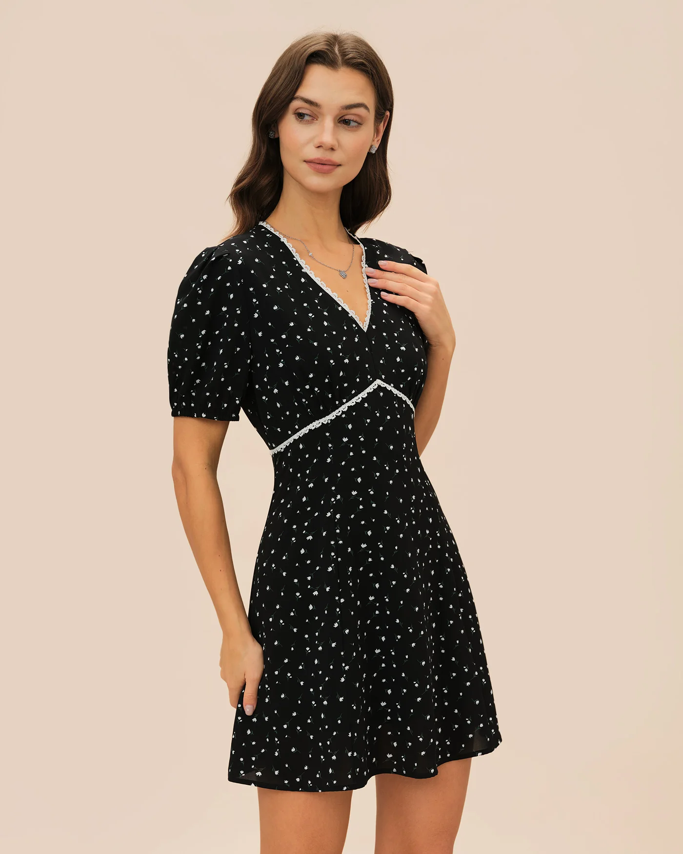 Black V Neck Lace Floral Mini Dress - Image 2