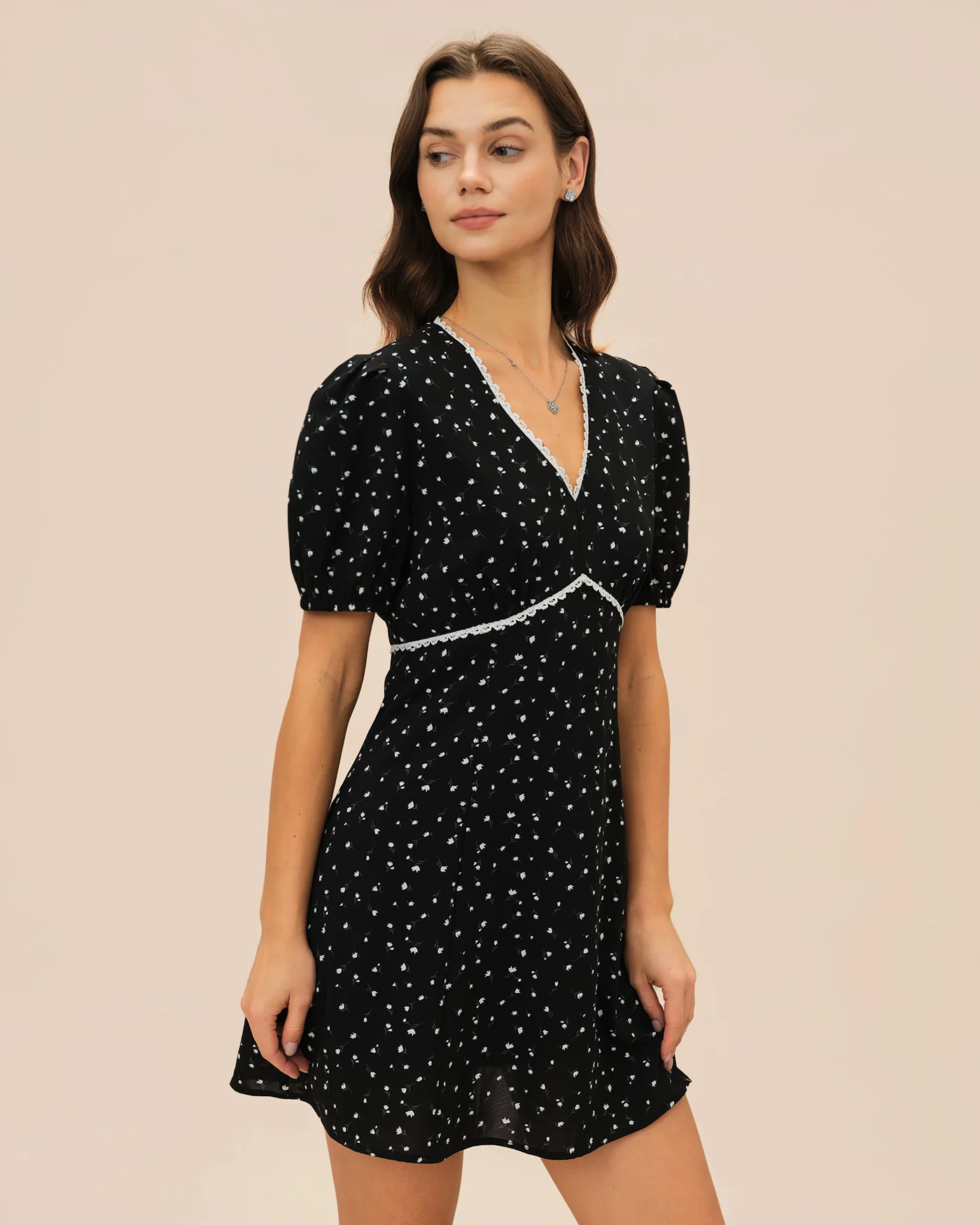 Black V Neck Lace Floral Mini Dress - Image 3