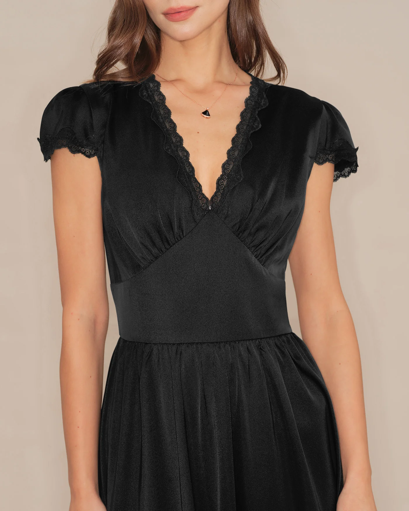 Black V Neck Lace Puffed Sleeve Maxi Dress - Image 3