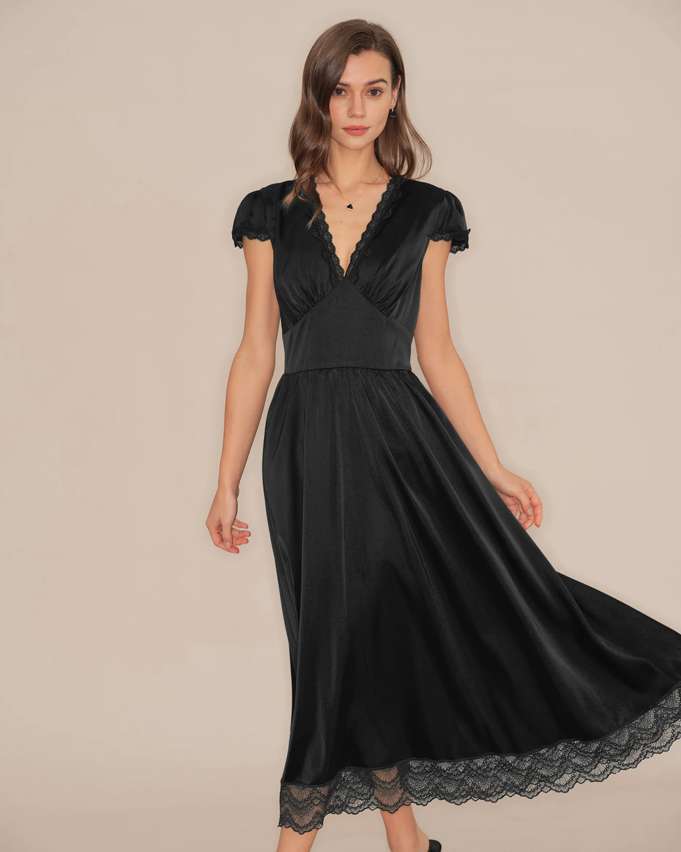 Black V Neck Lace Puffed Sleeve Maxi Dress - Image 4