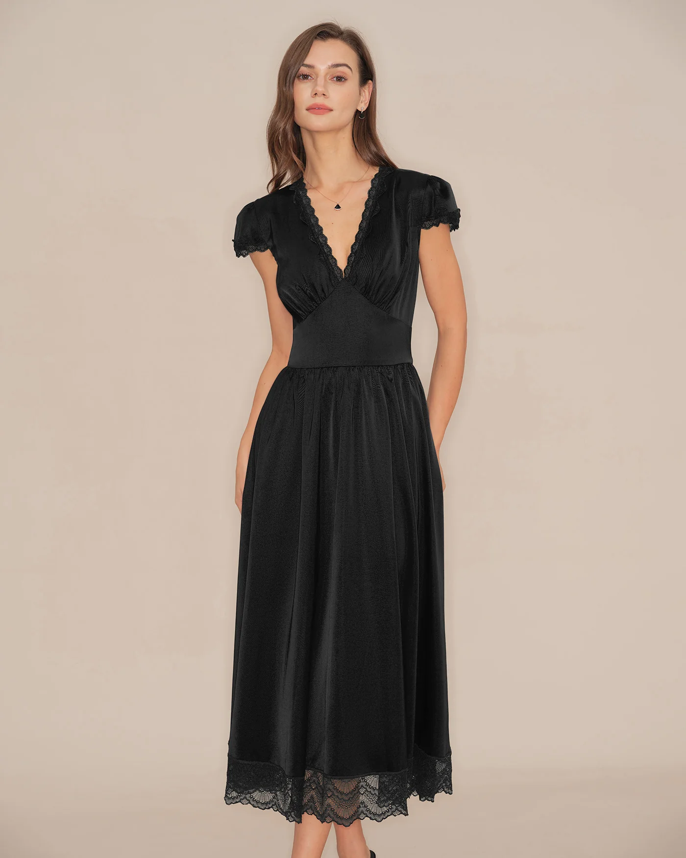 Black V Neck Lace Puffed Sleeve Maxi Dress - Image 5