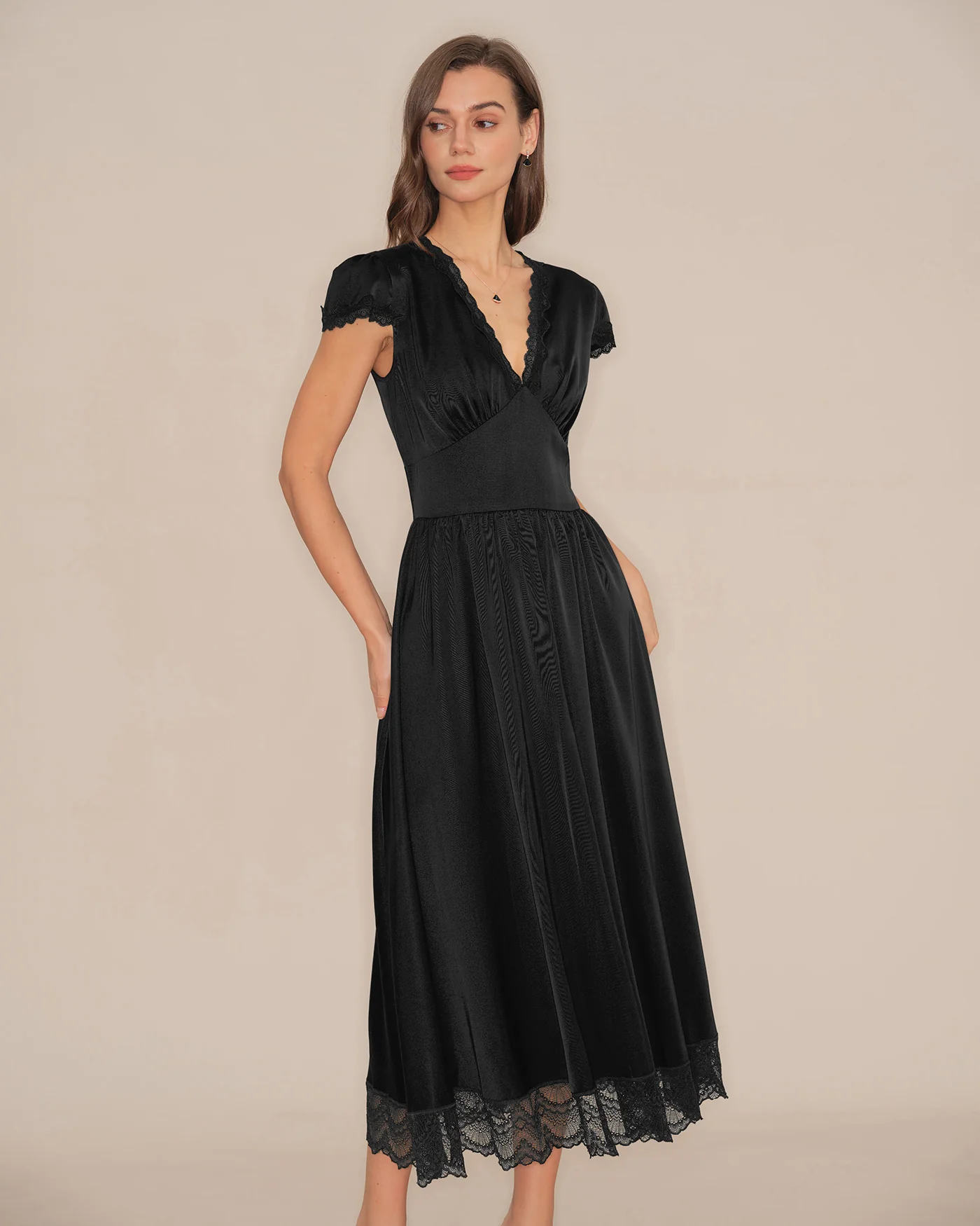 Black V Neck Lace Puffed Sleeve Maxi Dress - Image 6