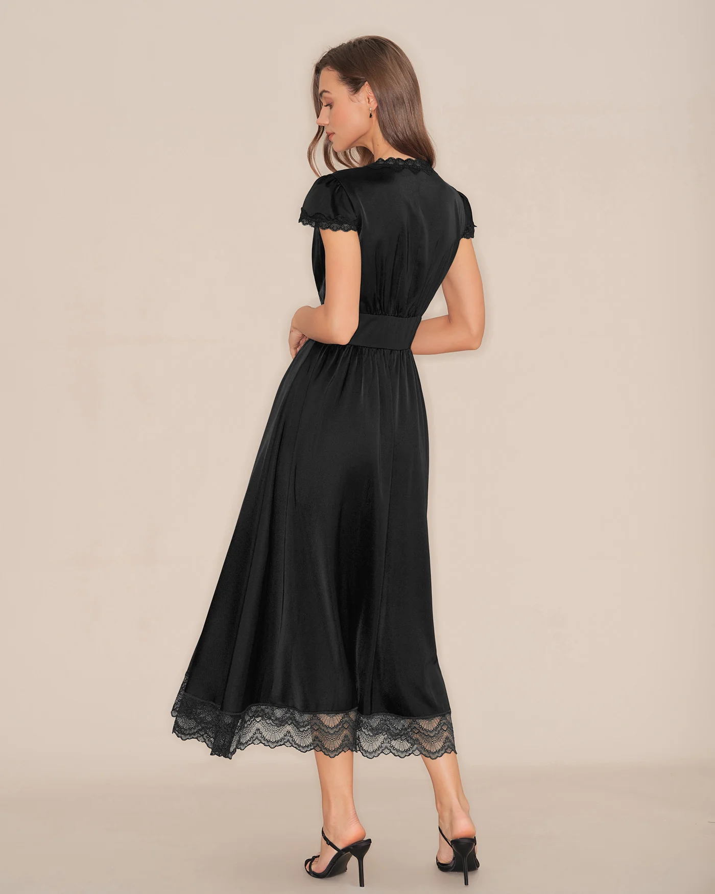 Black V Neck Lace Puffed Sleeve Maxi Dress - Image 7