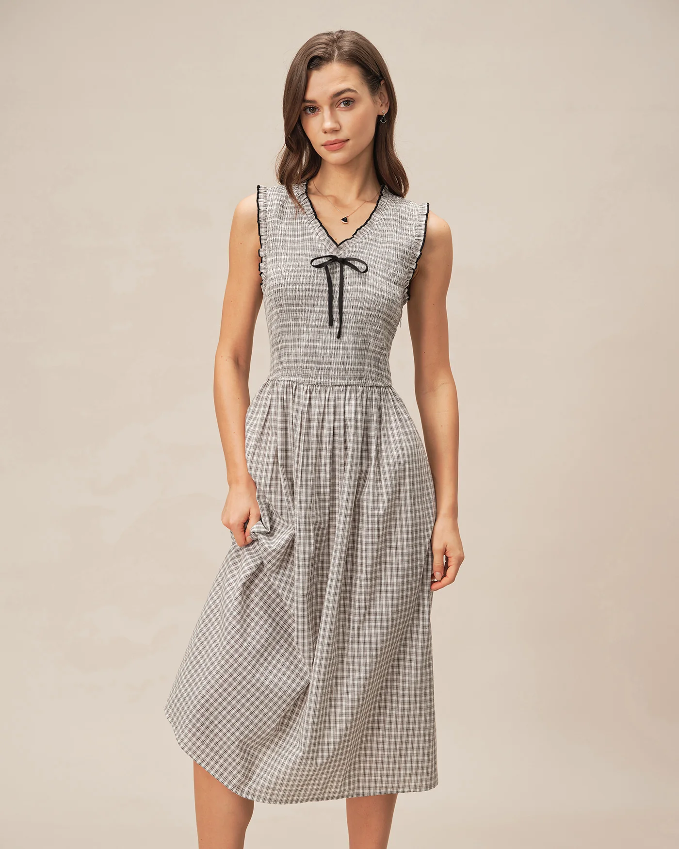 Black V Neck Plaid Midi Dress - Image 2