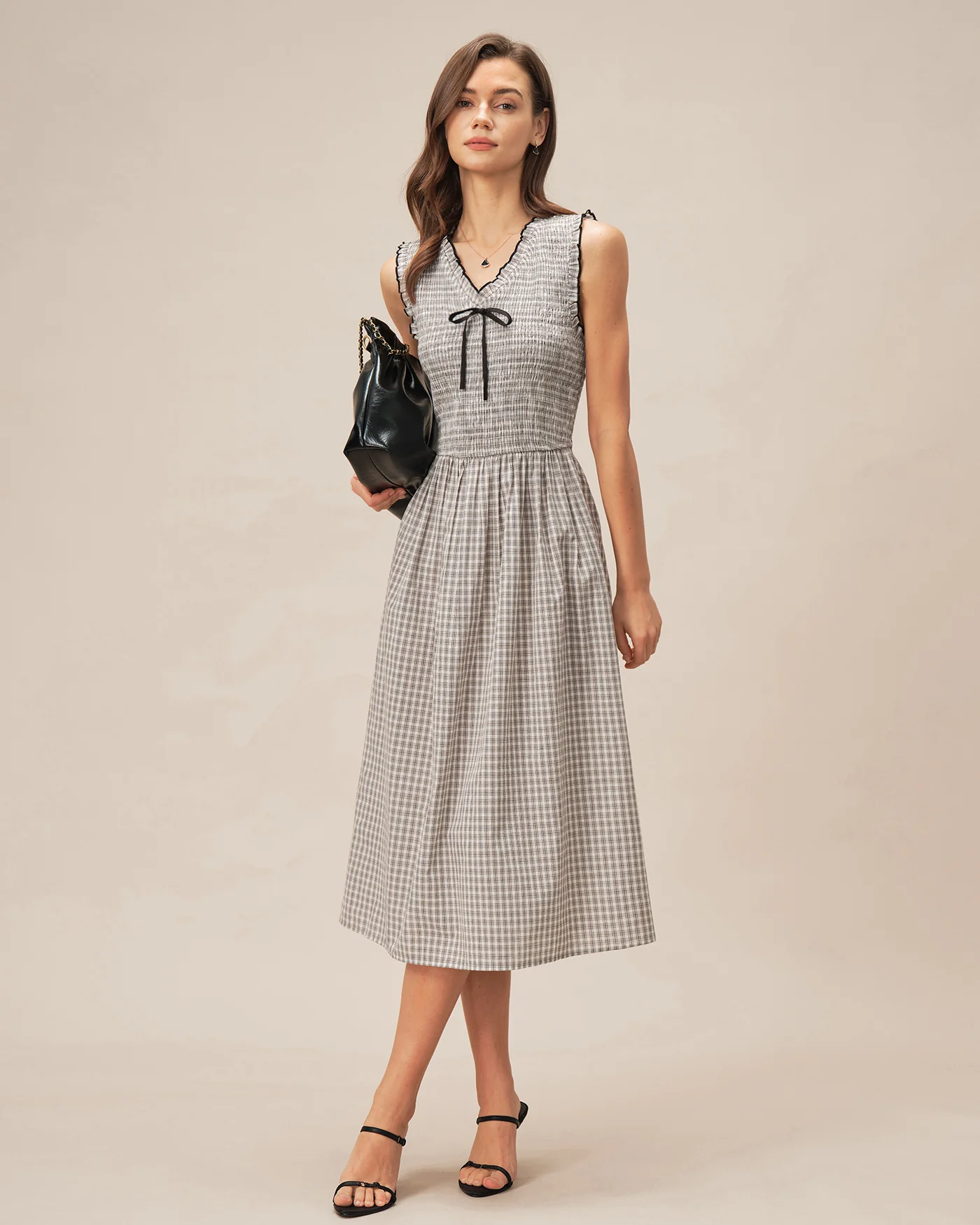 Black V Neck Plaid Midi Dress - Image 3