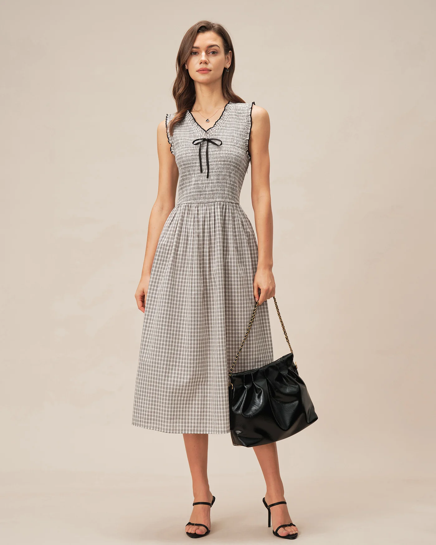 Black V Neck Plaid Midi Dress - Image 4