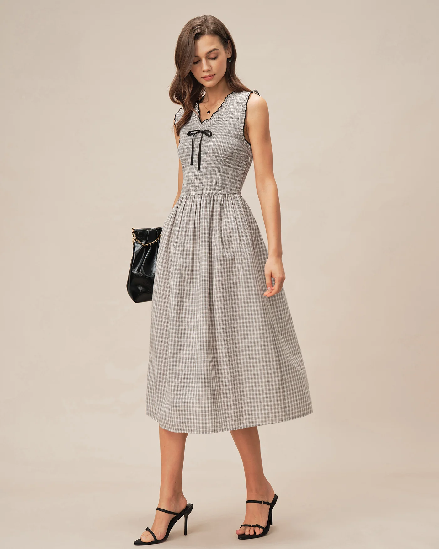 Black V Neck Plaid Midi Dress - Image 5