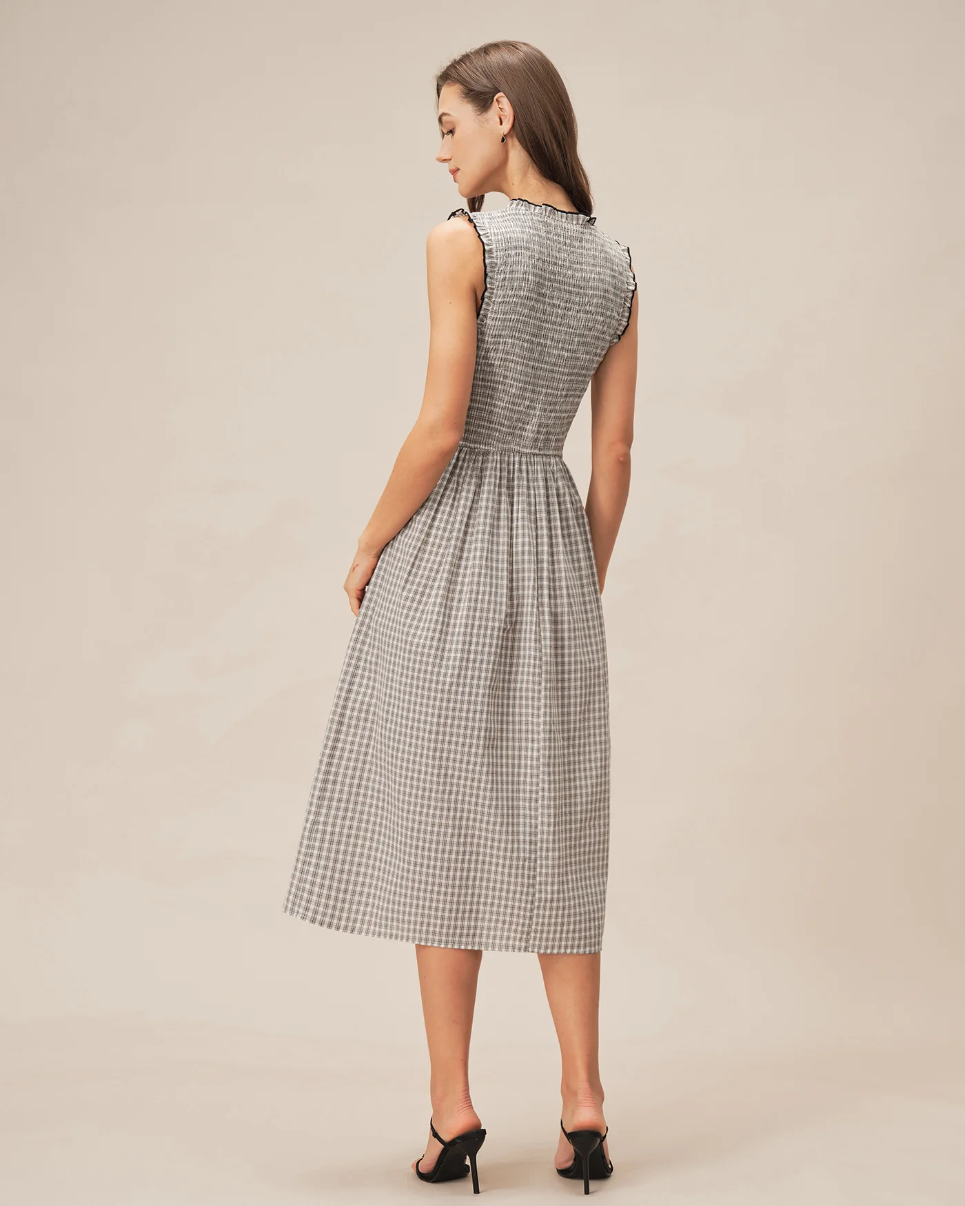Black V Neck Plaid Midi Dress - Image 6