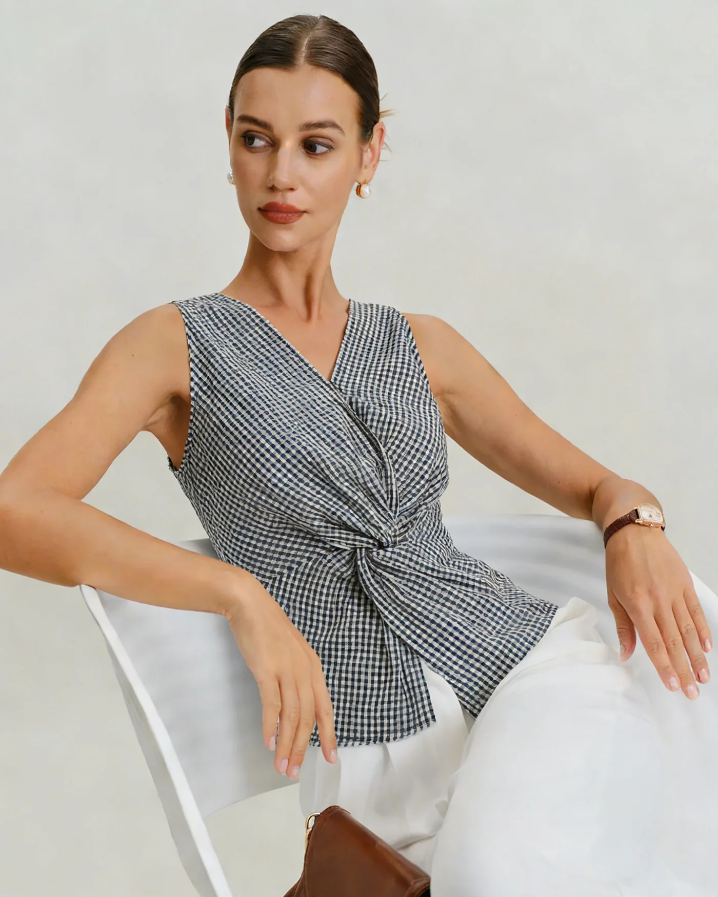 Black V Neck Plaid Tank Top - Image 2