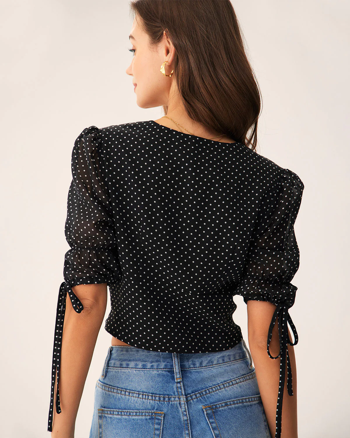 Black V-Neck Polka Dot Blouse - Image 5