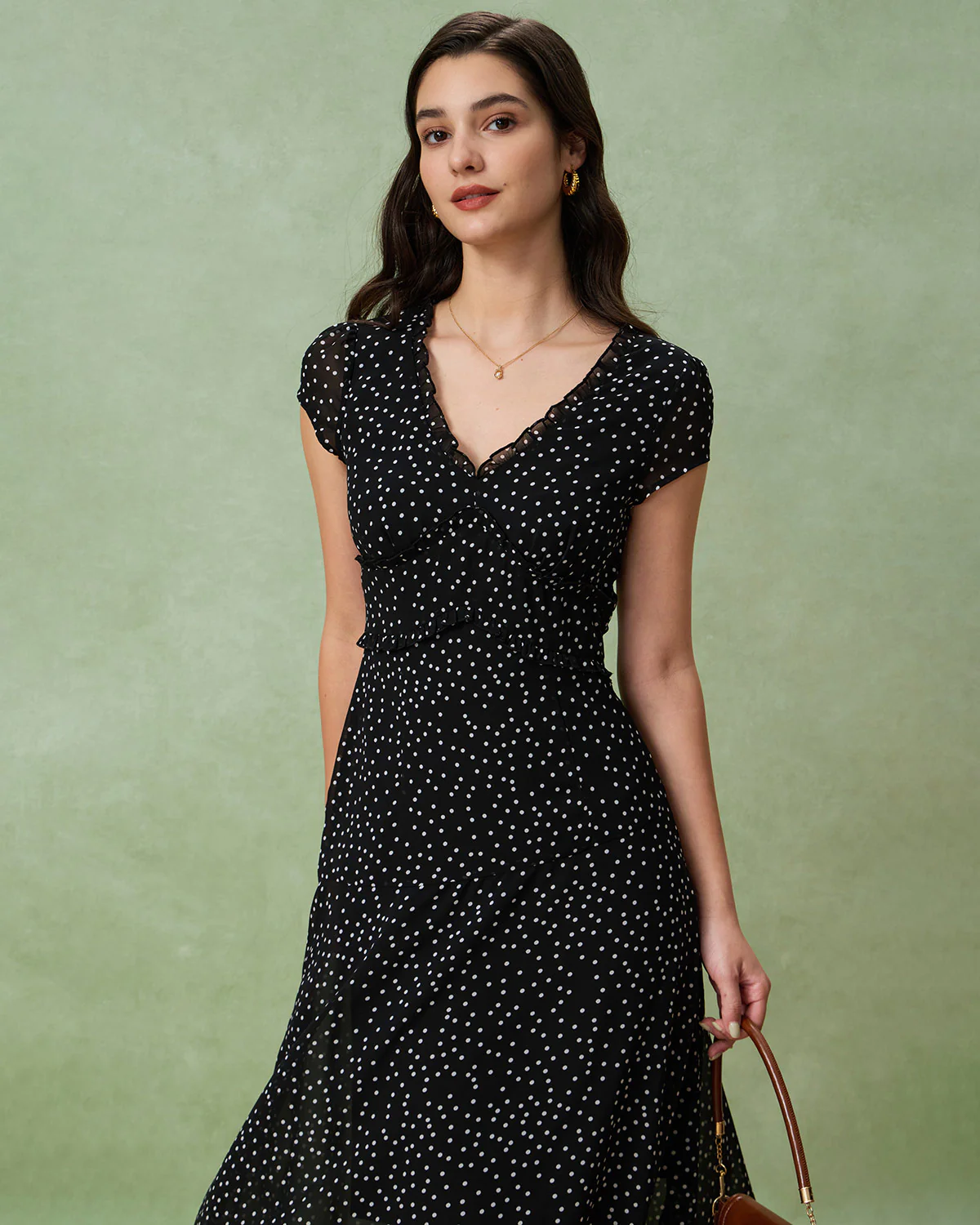 Black V Neck Polka Dot Midi Dress - Image 3