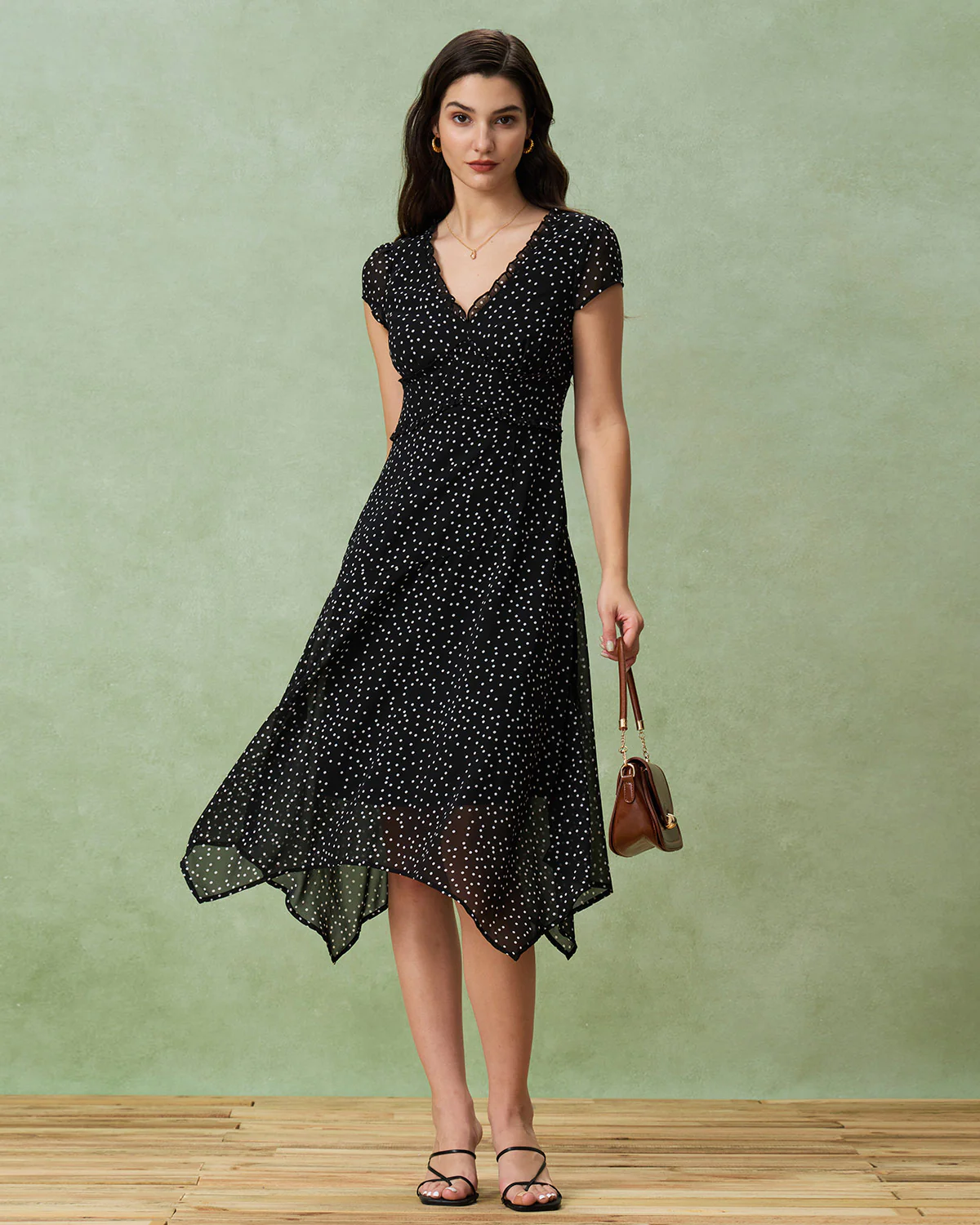 Black V Neck Polka Dot Midi Dress - Image 4