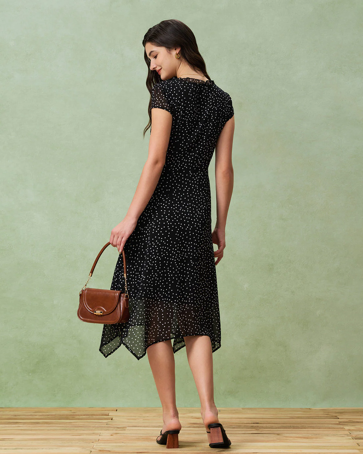Black V Neck Polka Dot Midi Dress - Image 5