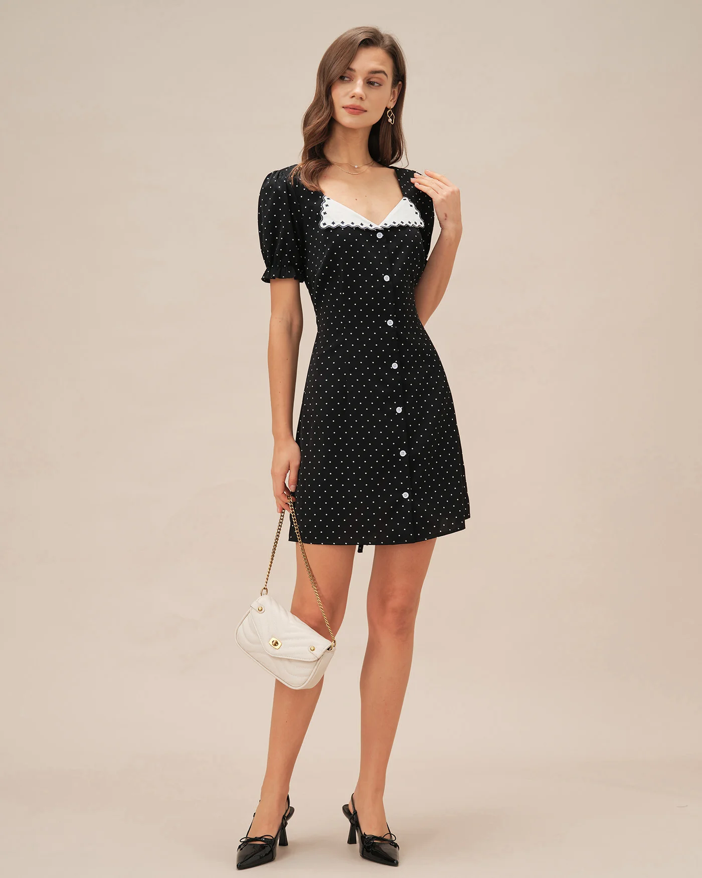 Black V Neck Polka Dot Mini Dress - Image 6
