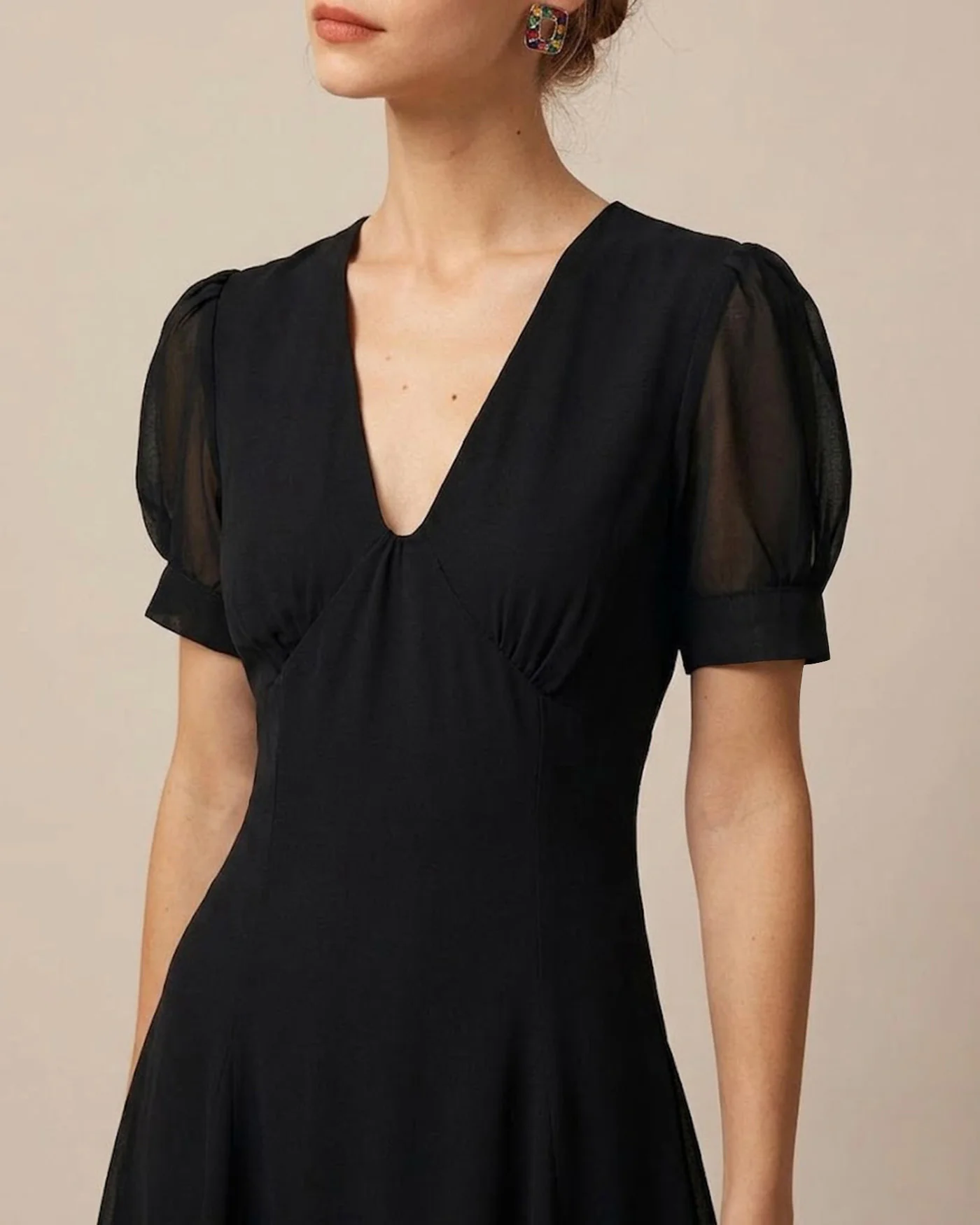 Black V Neck Puffed Sleeve Mini Dress - Image 2