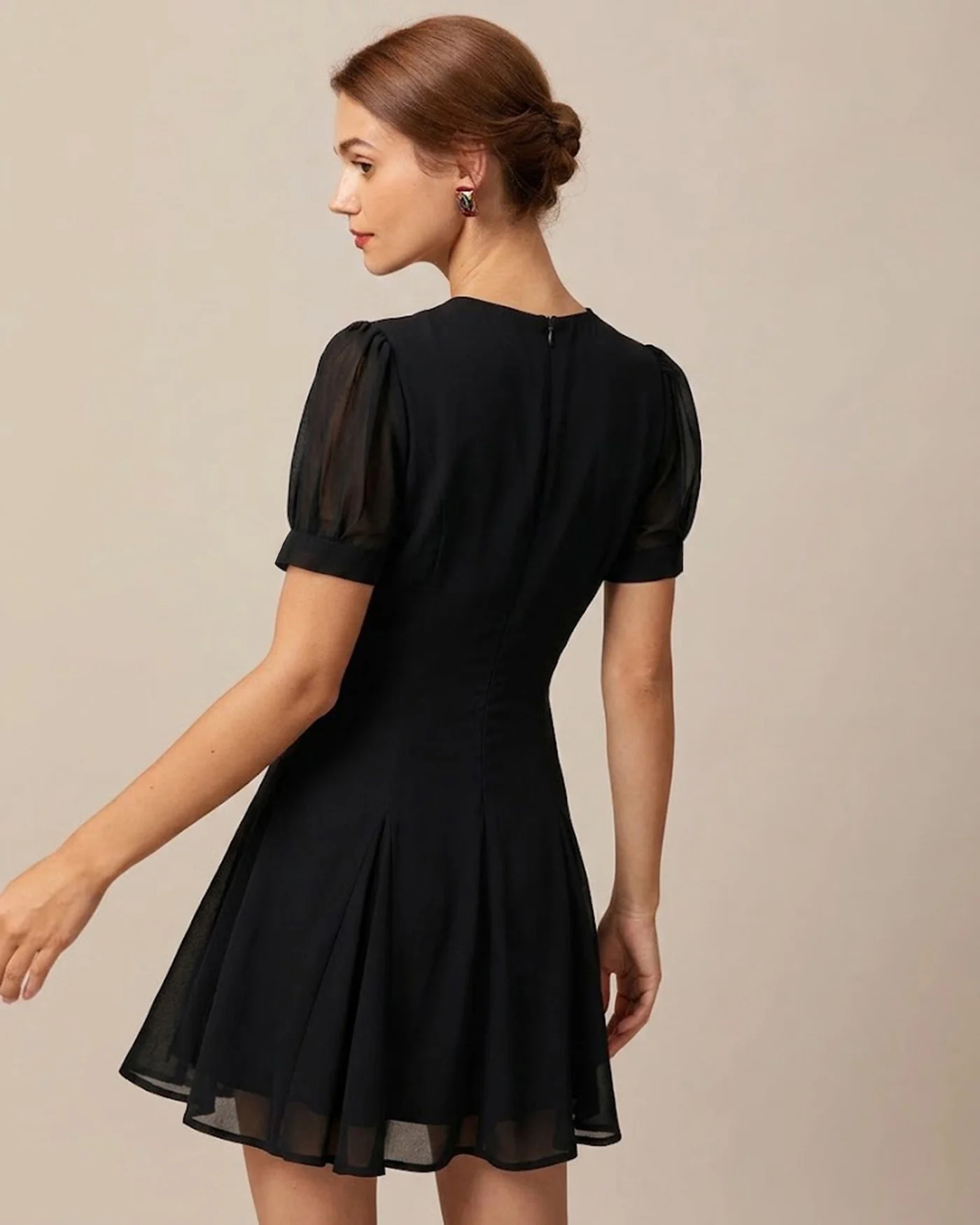Black V Neck Puffed Sleeve Mini Dress - Image 3