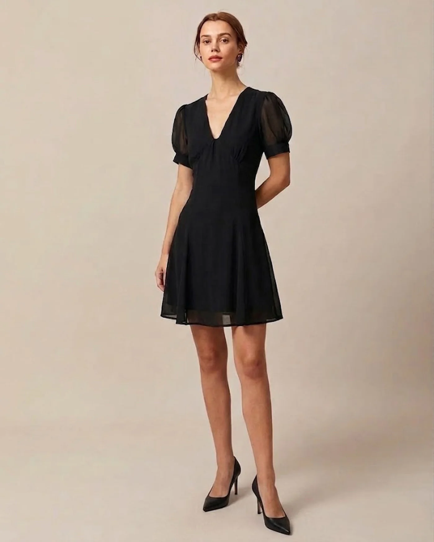 Black V Neck Puffed Sleeve Mini Dress - Image 4