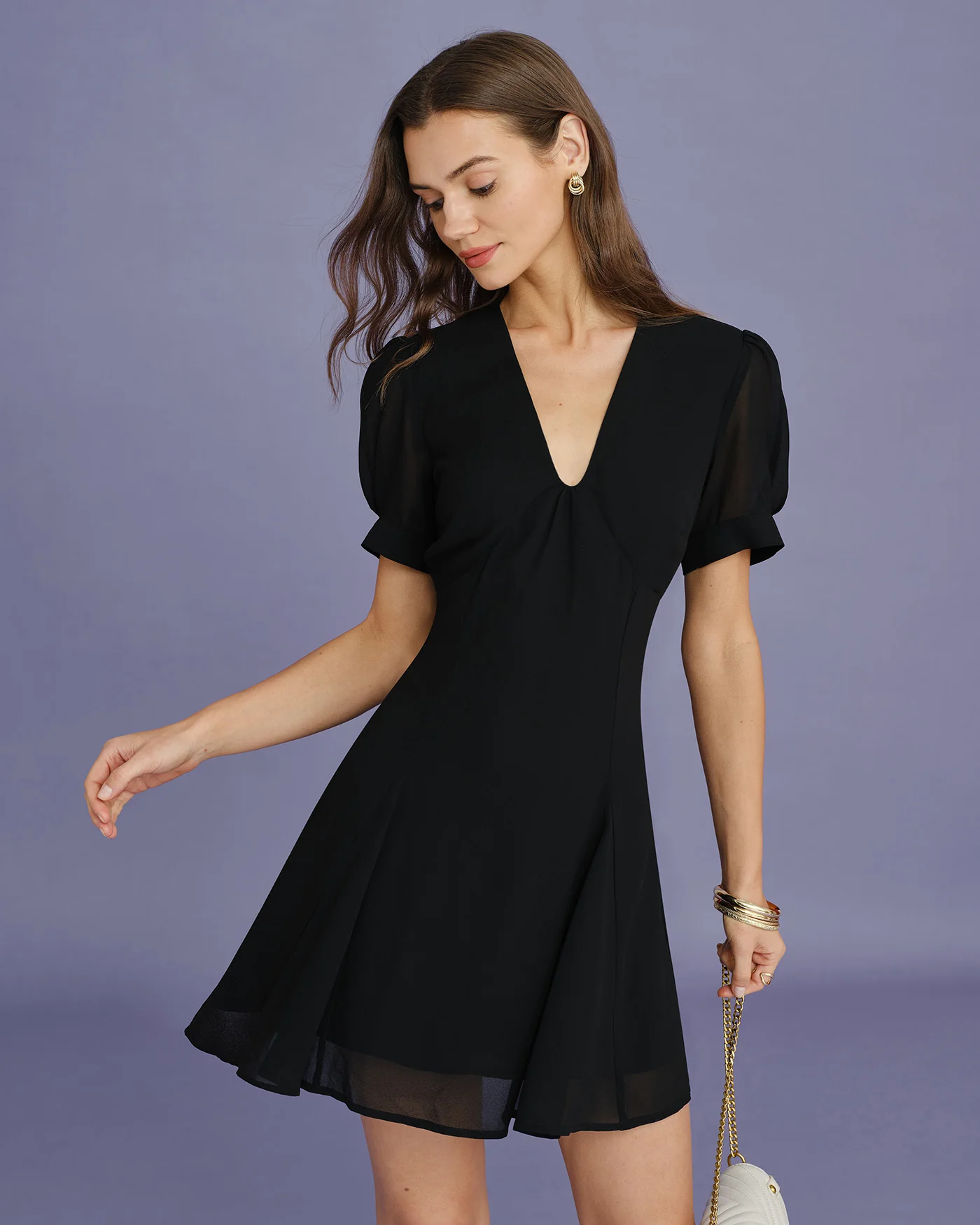 Black V Neck Puffed Sleeve Mini Dress - Image 6