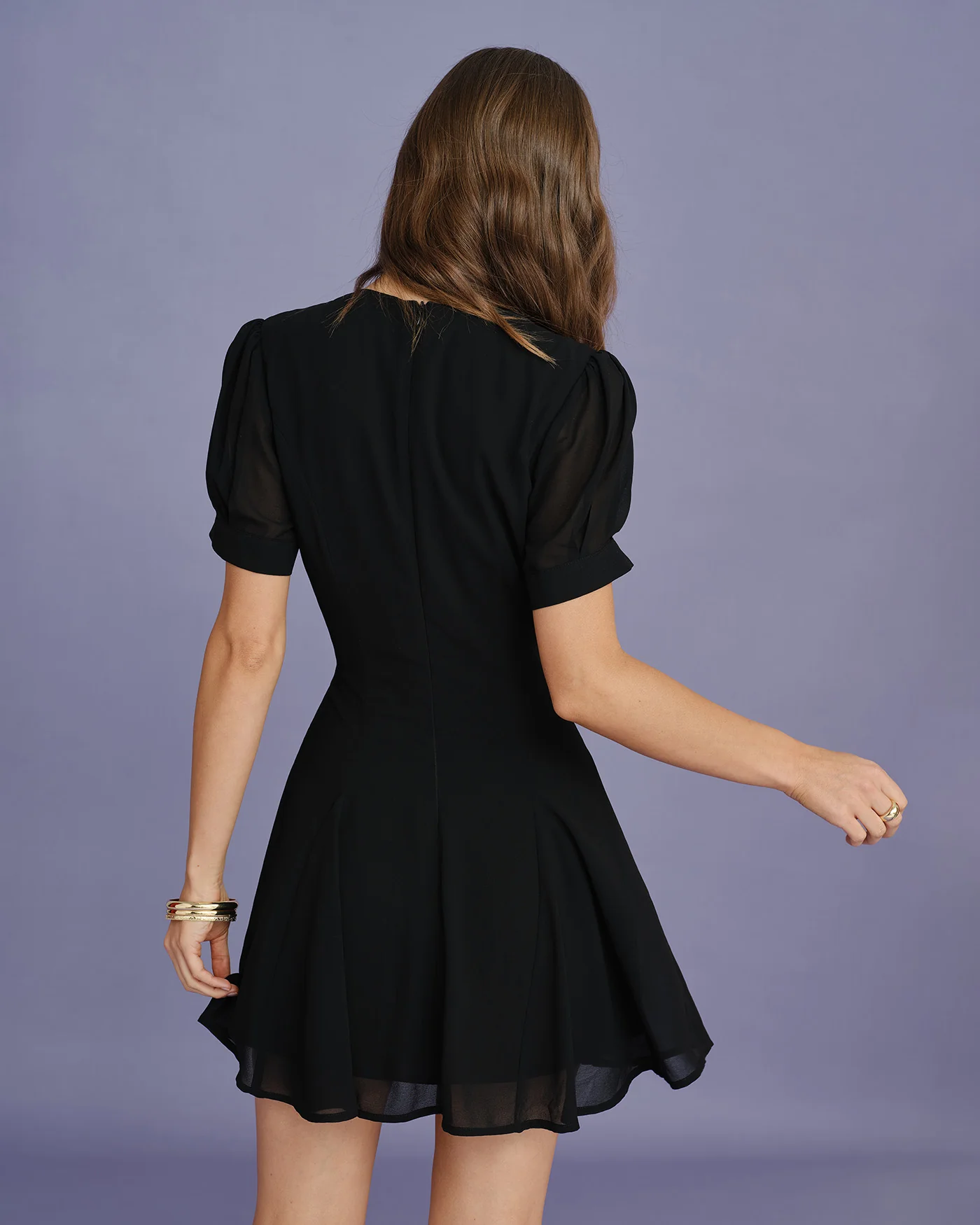 Black V Neck Puffed Sleeve Mini Dress - Image 8