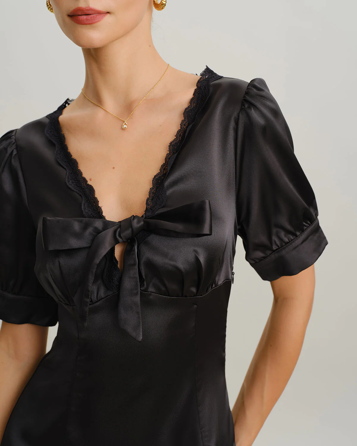 Black V Neck Satin Mini Dress - Image 2