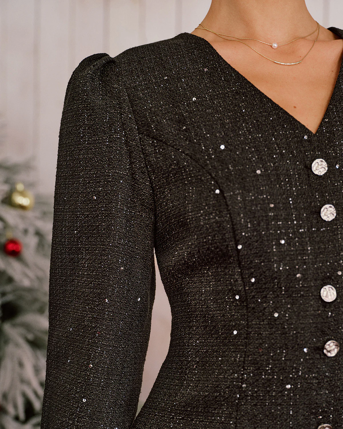 Black V Neck Sequins Mini Dress - Image 2
