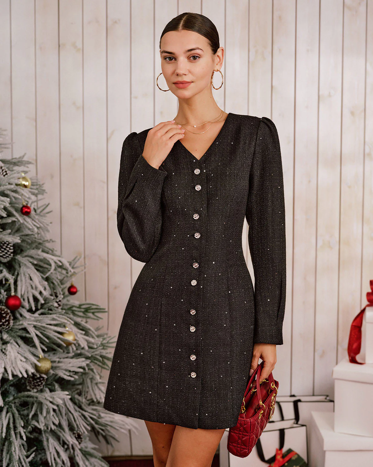 Black V Neck Sequins Mini Dress - Image 3