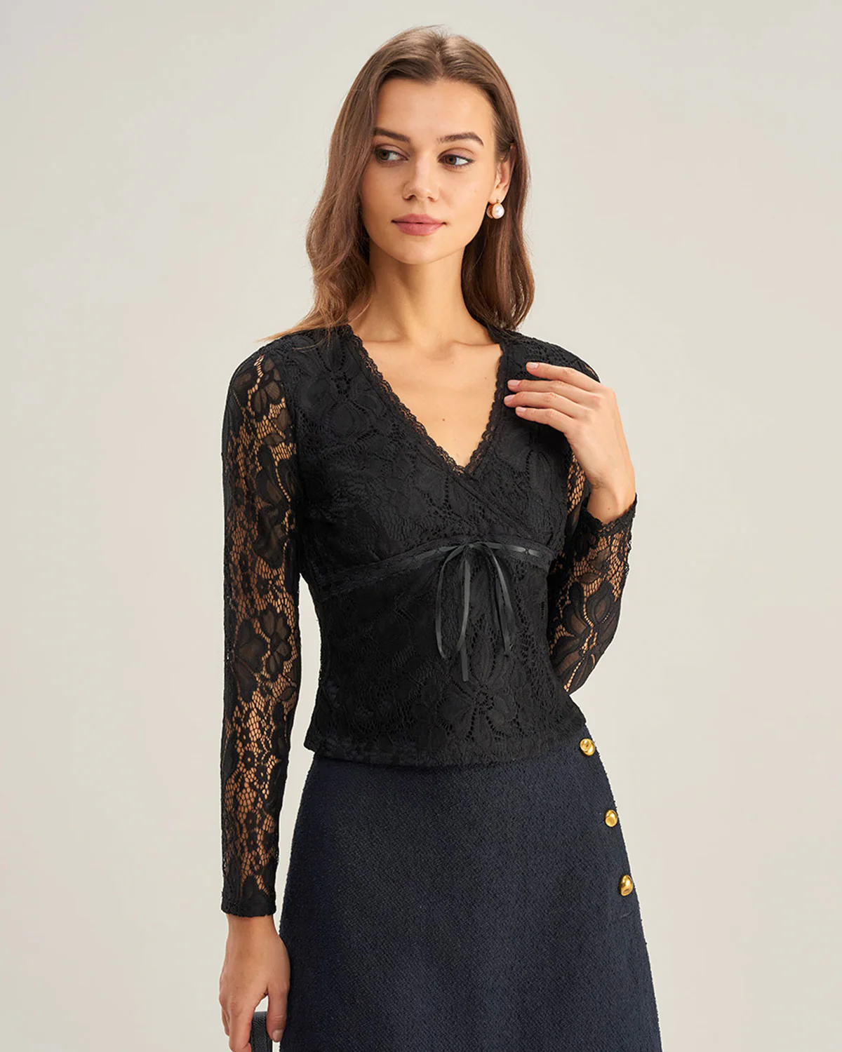 Black V Neck Slim Lace Tee - Image 2