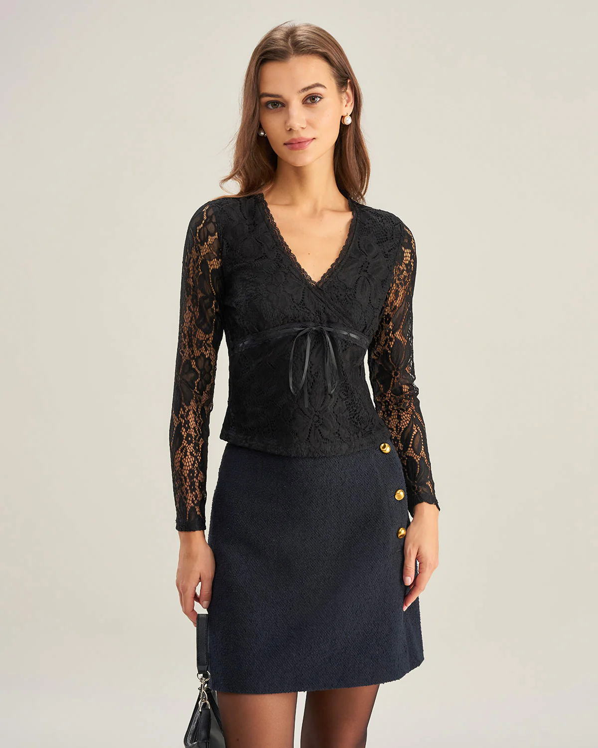 Black V Neck Slim Lace Tee - Image 4