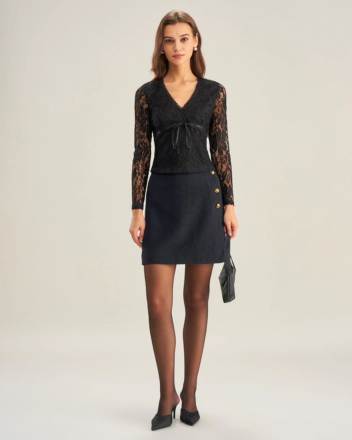Black V Neck Slim Lace Tee - Image 5