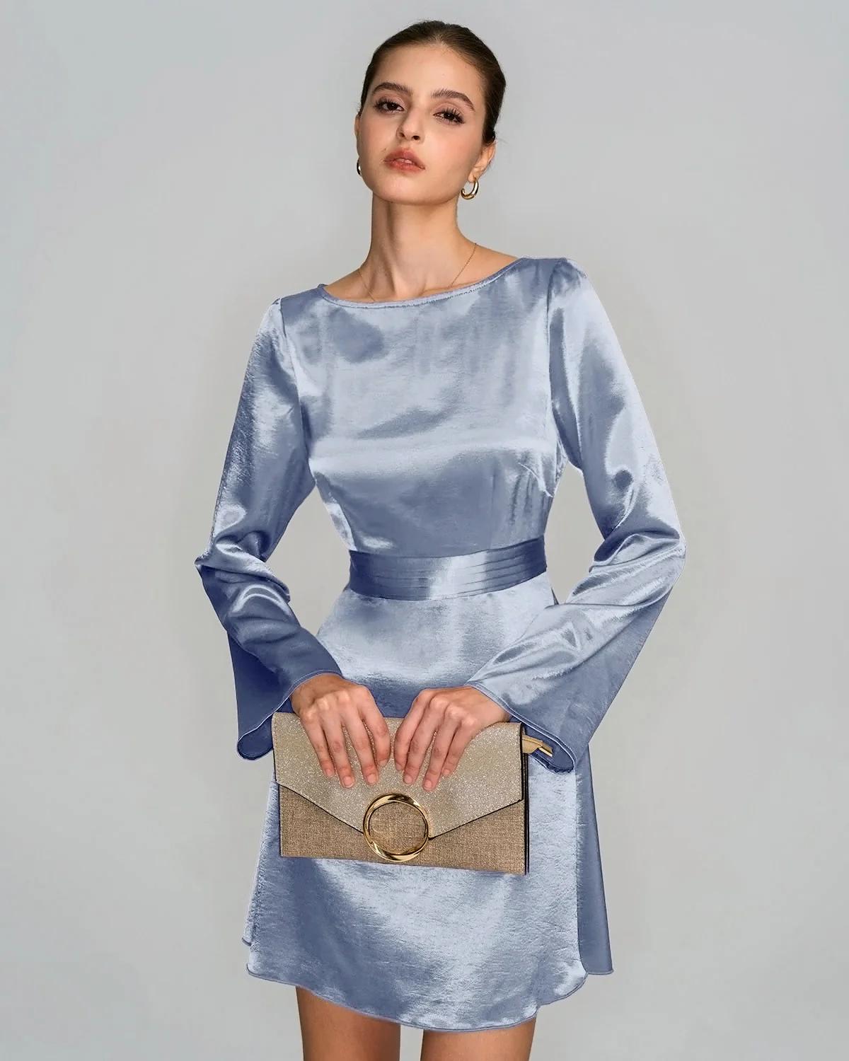 Blue Boat Neck Satin Mini Dress - Image 2
