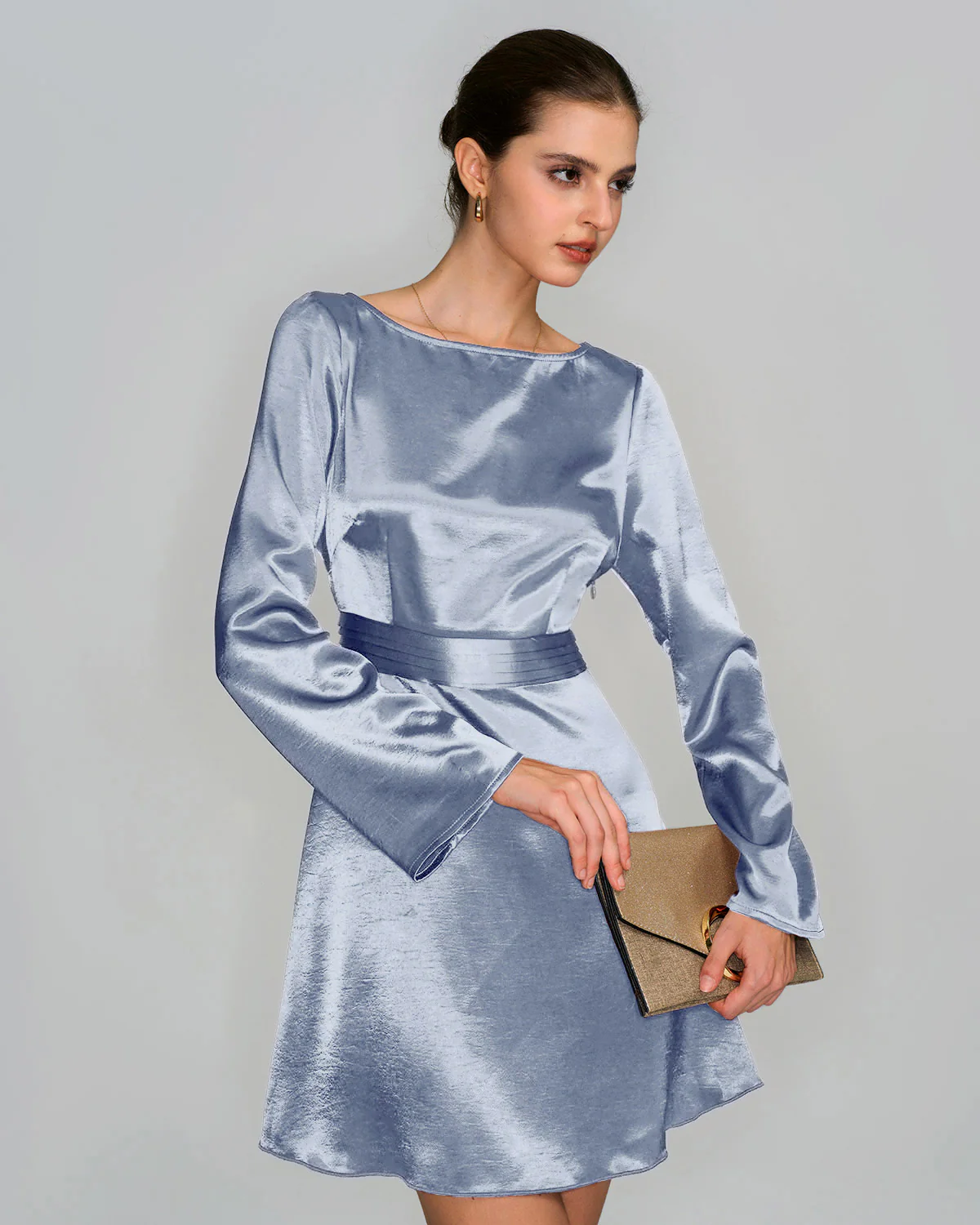 Blue Boat Neck Satin Mini Dress - Image 3