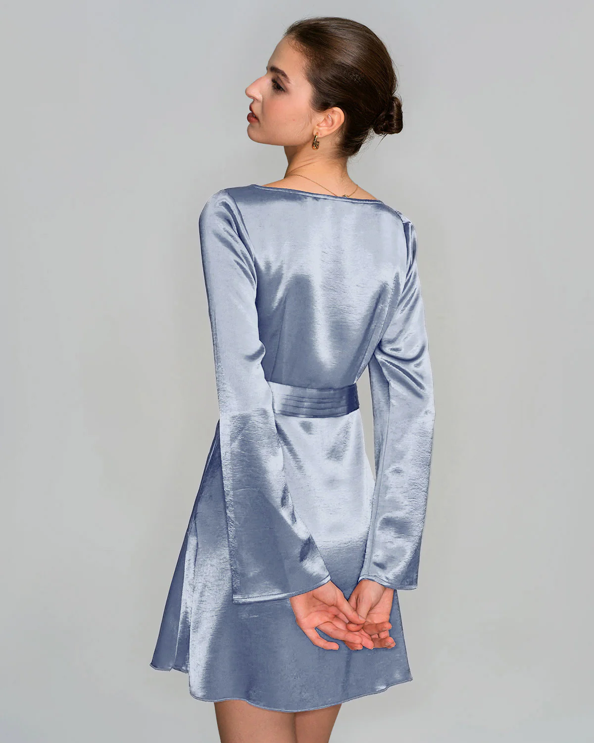 Blue Boat Neck Satin Mini Dress - Image 4