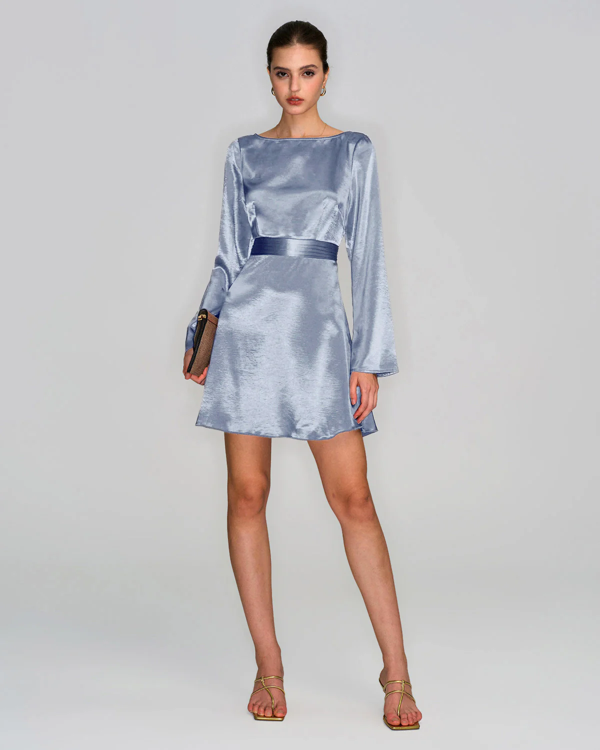 Blue Boat Neck Satin Mini Dress - Image 5