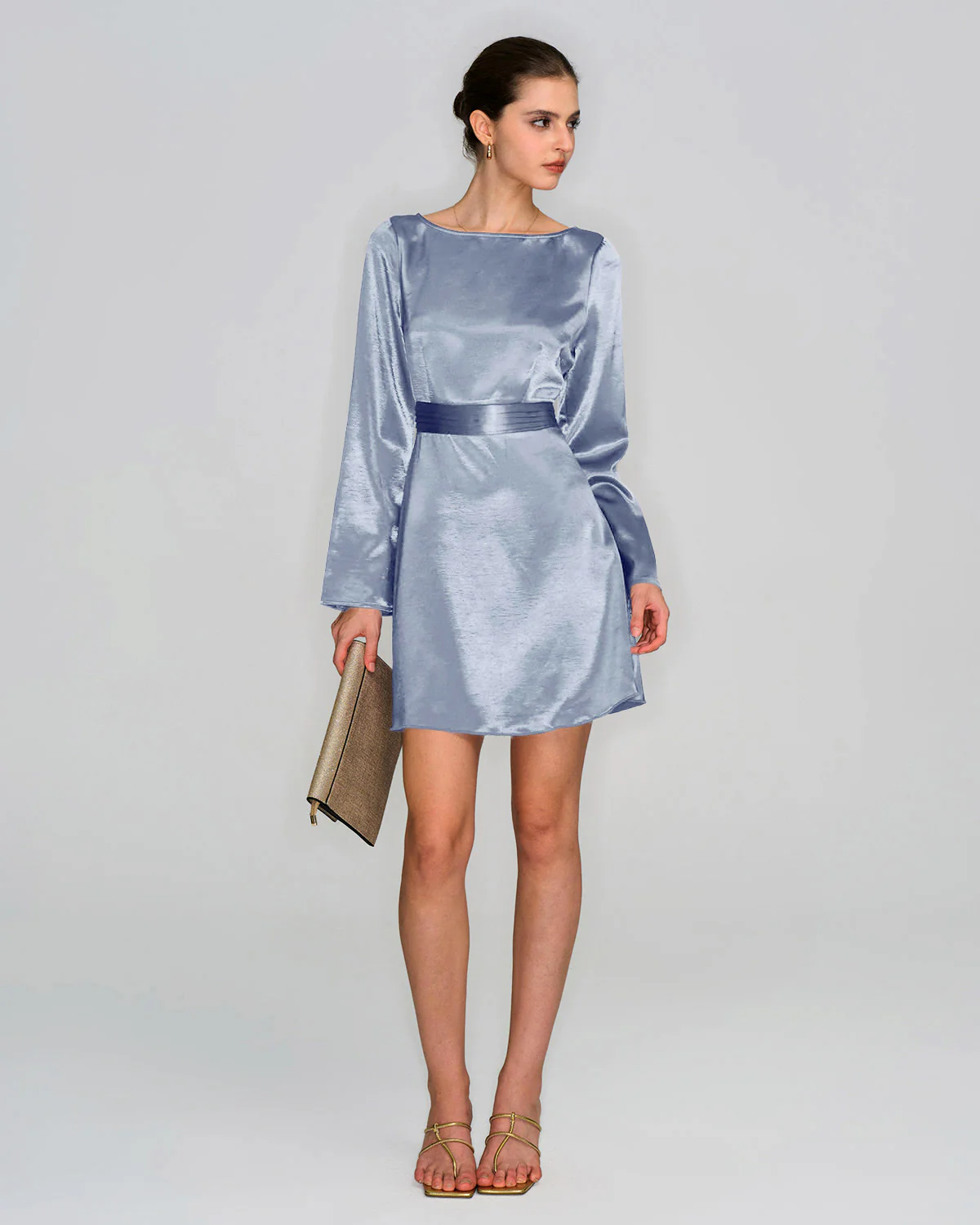 Blue Boat Neck Satin Mini Dress - Image 6