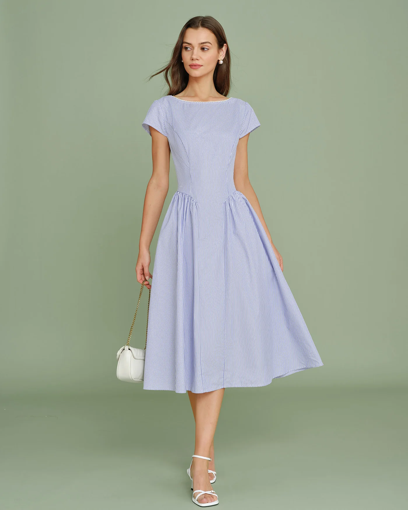 Blue Boat Neck Shirred Midi Dress - Image 3