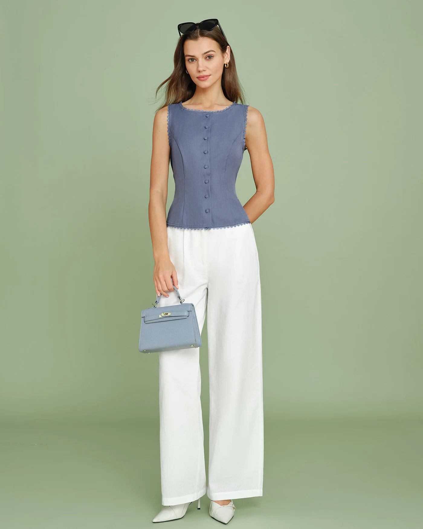 Blue Boat Neck Single Breasted Vest - Image 4