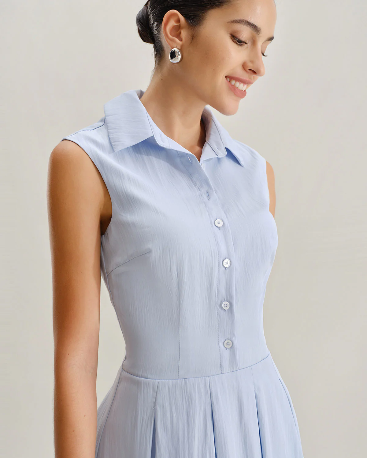 Blue Button A-Line Sleeveless Mini Dress - Image 2