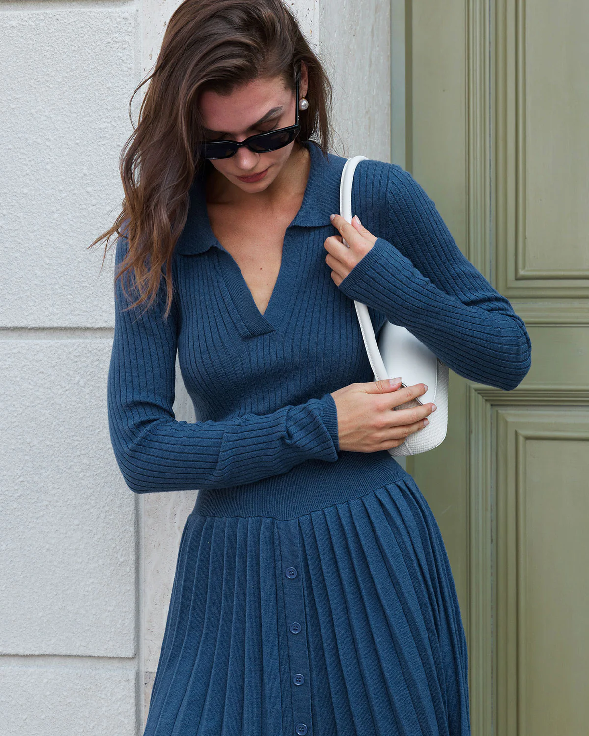 Blue Button A-Line Sweater Dress - Image 2