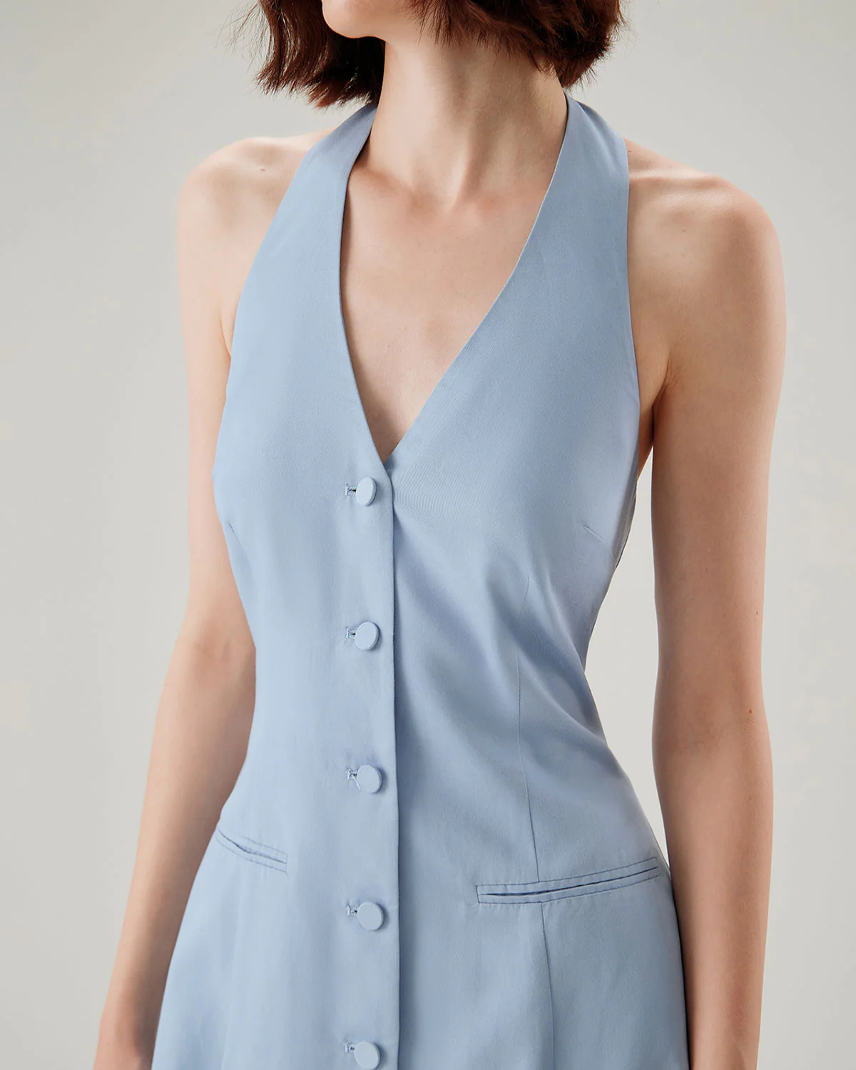 Blue Button Pocket Halter Mini Dress - Image 2