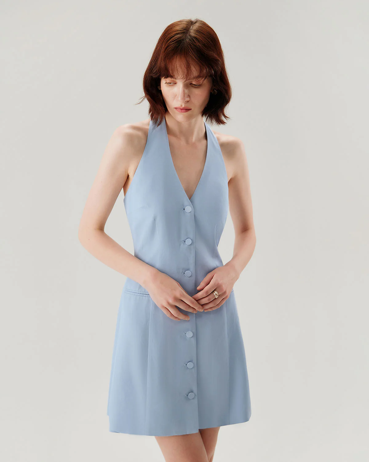 Blue Button Pocket Halter Mini Dress - Image 3