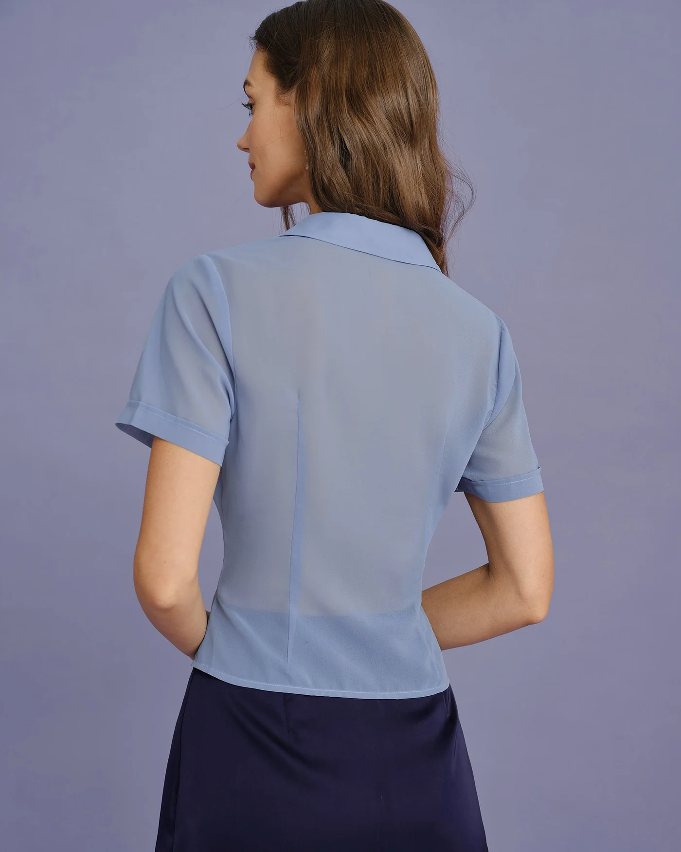 Blue Collar Button Chiffon Blouse - Image 6