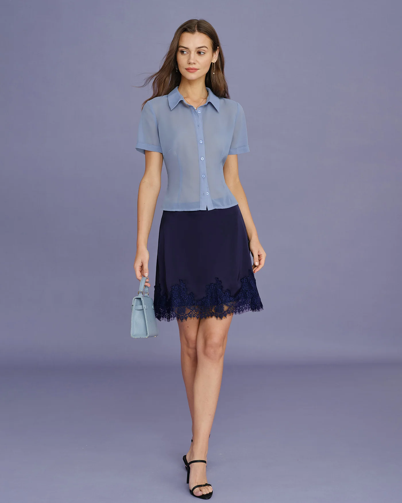 Blue Collar Button Chiffon Blouse - Image 7