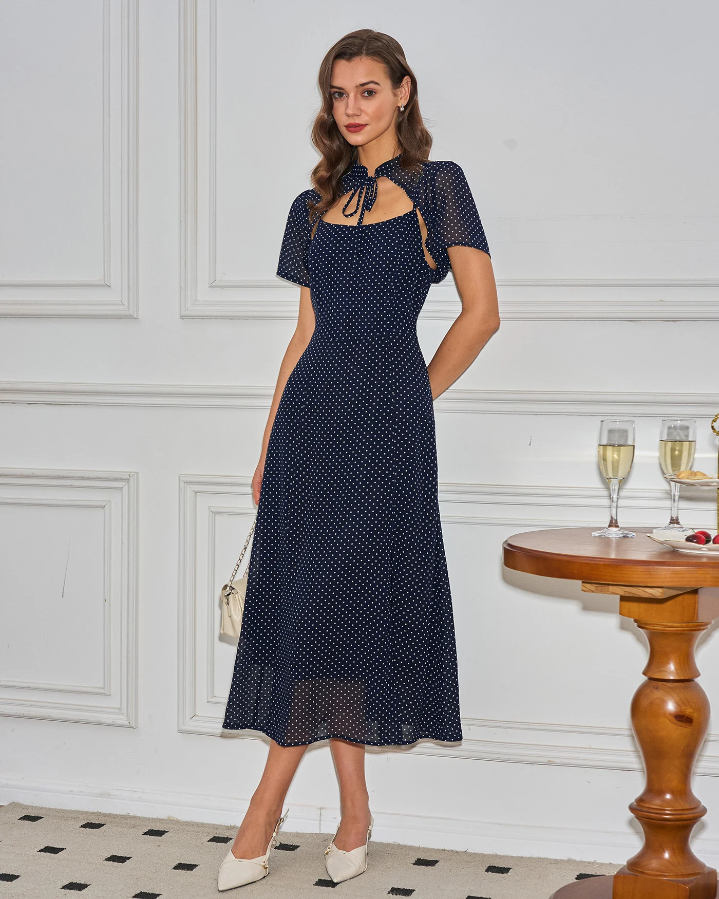 Blue Collar Polka Dot Slip Midi Dress - Image 3
