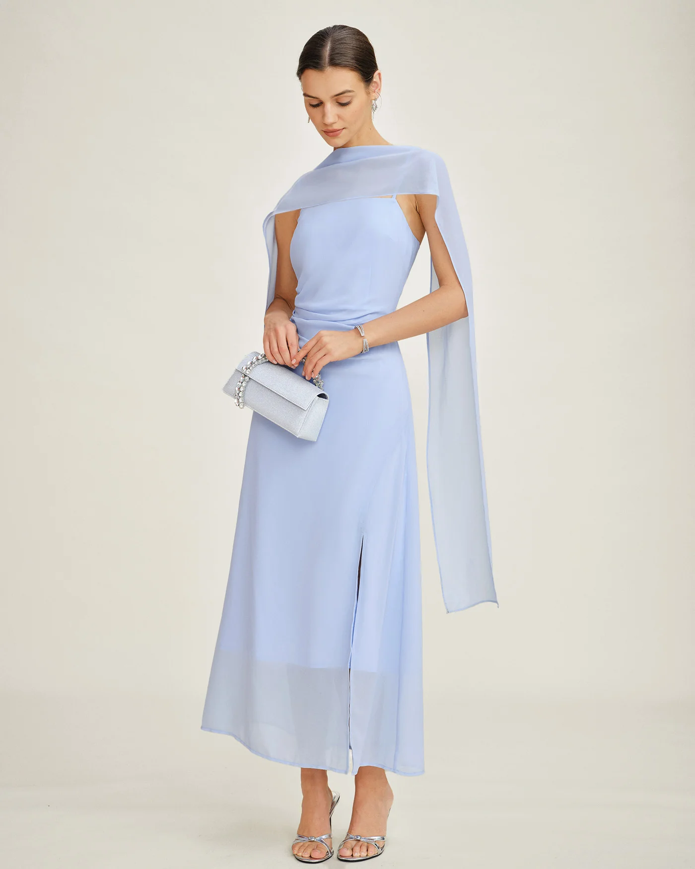 Blue Cowl Neck Strap Chiffon Maxi Dress - Image 3